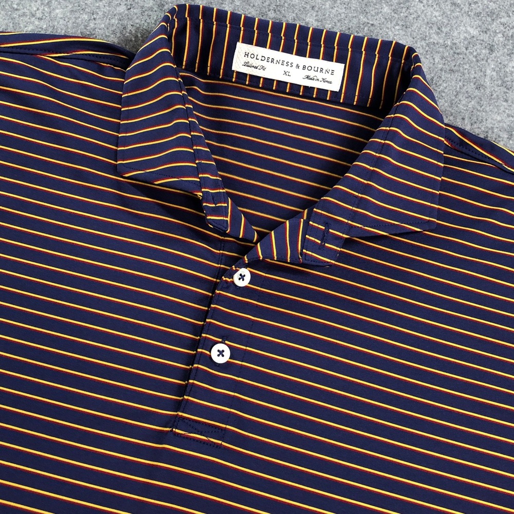 Holderness & Bourne Mens Polo Shirt XL Navy Blue Stripe Performance Short Sleeve